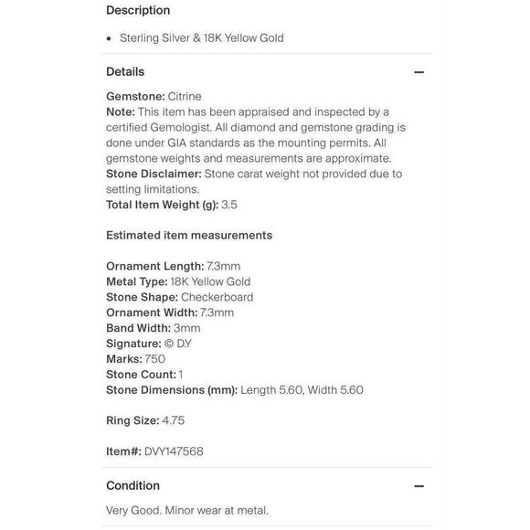 EUC Authentic David Yurman Nobelesse Citrine 18kt Gold & 925 SilveRing Size 4.75 - Picture 12 of 12